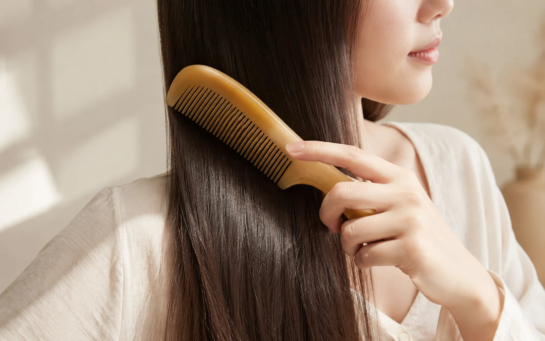 Woman gently combing long smooth hair with a natural horn comb for static, frizz, and flyaways