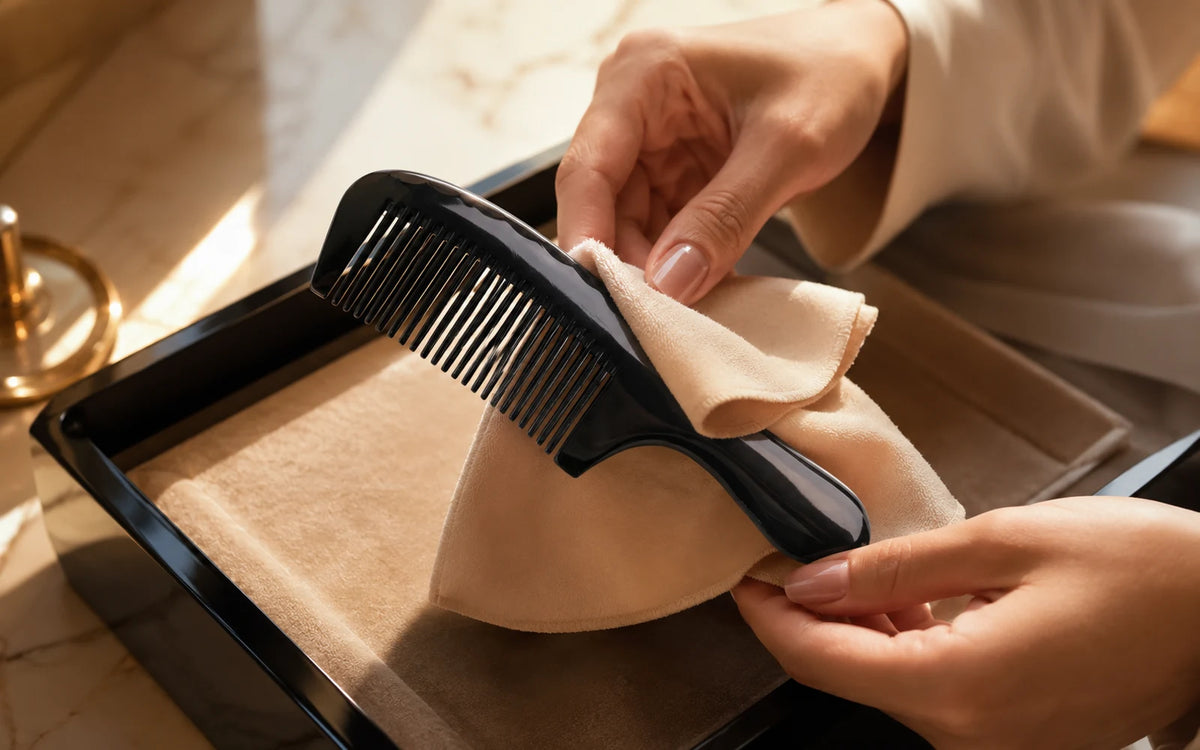 Hands wiping a black natural horn comb with a soft dry cloth for proper horn comb care