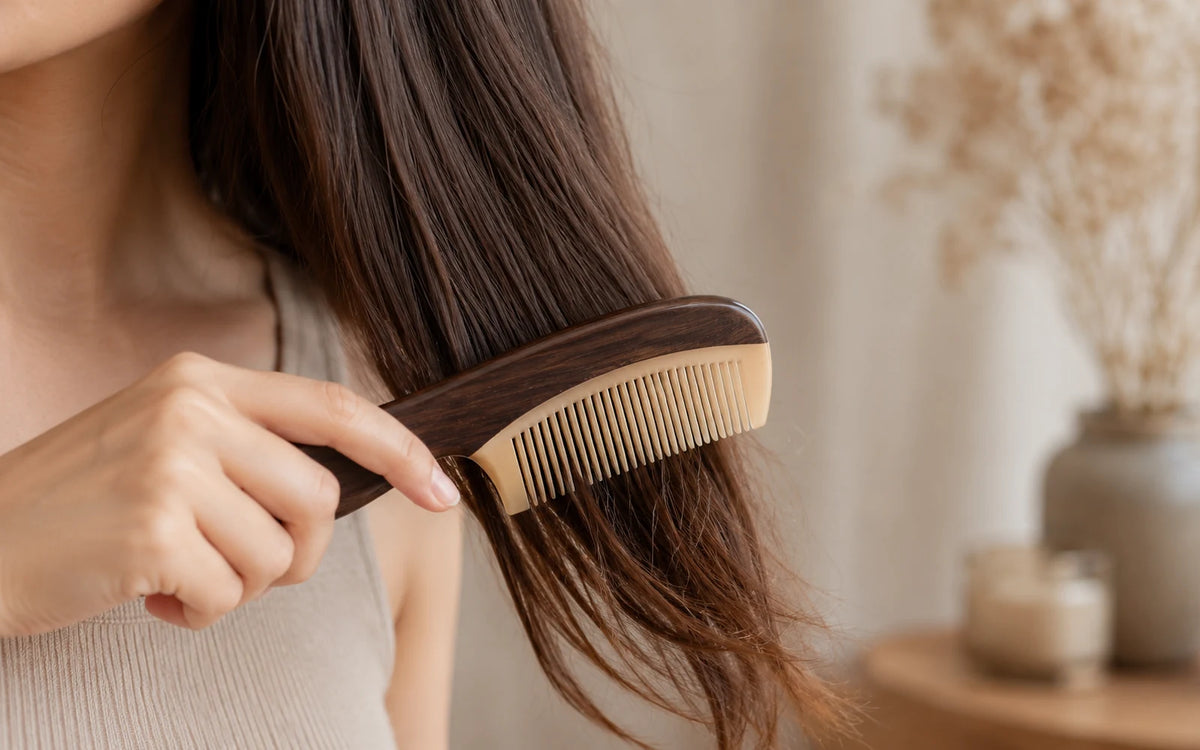 Woman using a wide-tooth natural horn comb on long hair without pulling or scratching