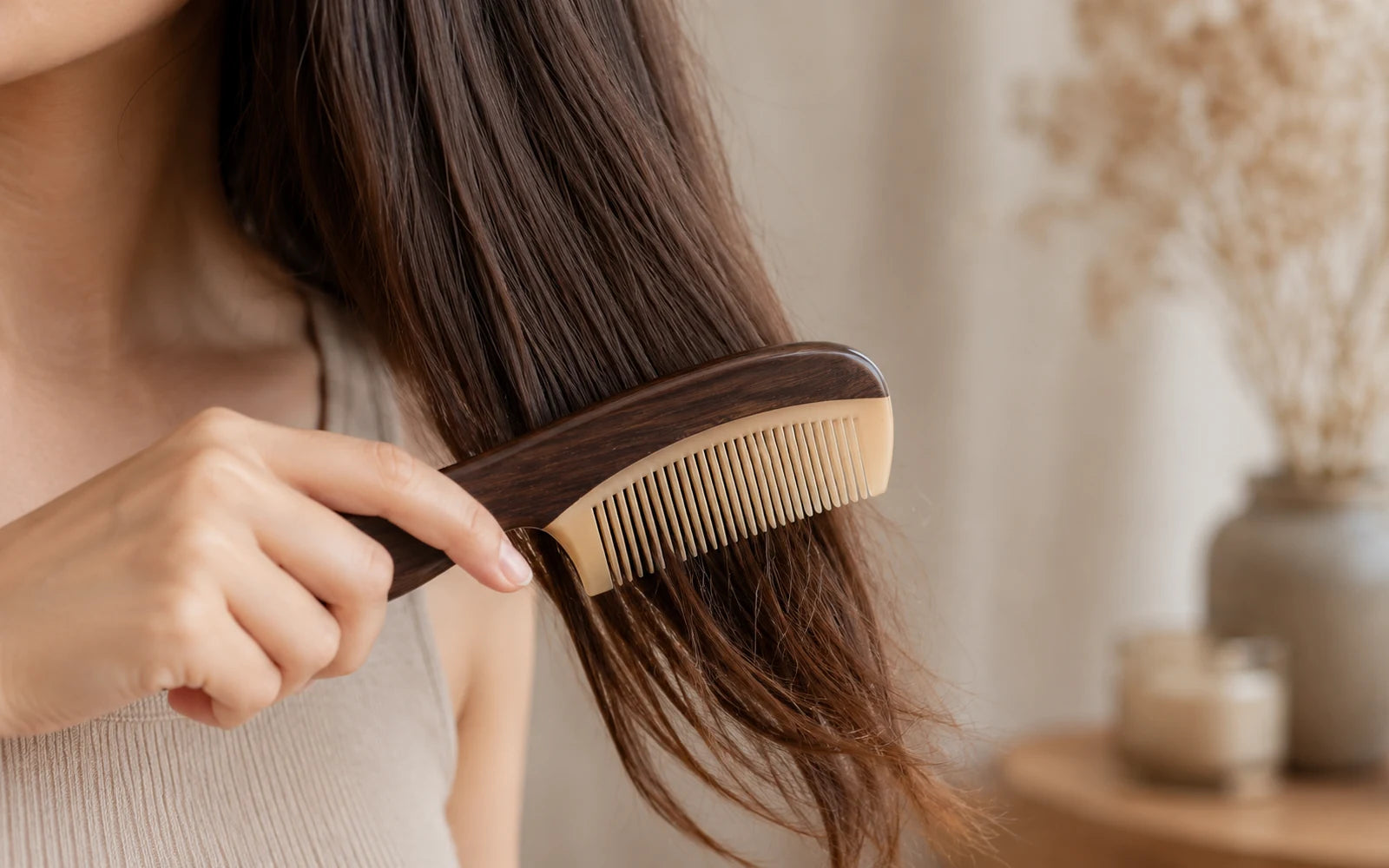 Woman using a wide-tooth natural horn comb on long hair without pulling or scratching