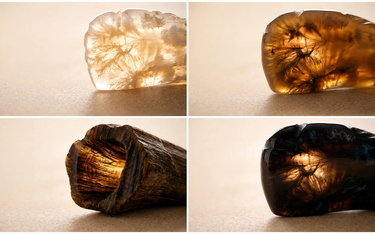 Backlit natural horn samples showing pale, amber, brown, and black material variations used for horn combs