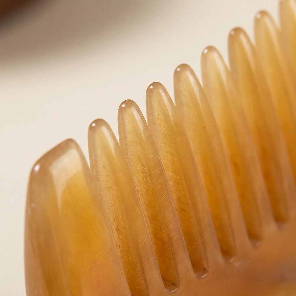 Close-up of smooth, rounded yellow horn comb teeth, expertly crafted for gentle scalp micro-circulation.