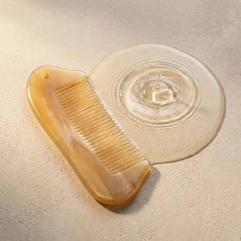 A Cozuy anti static comb resting by water ripples, perfect for a mindful scalp care routine.
