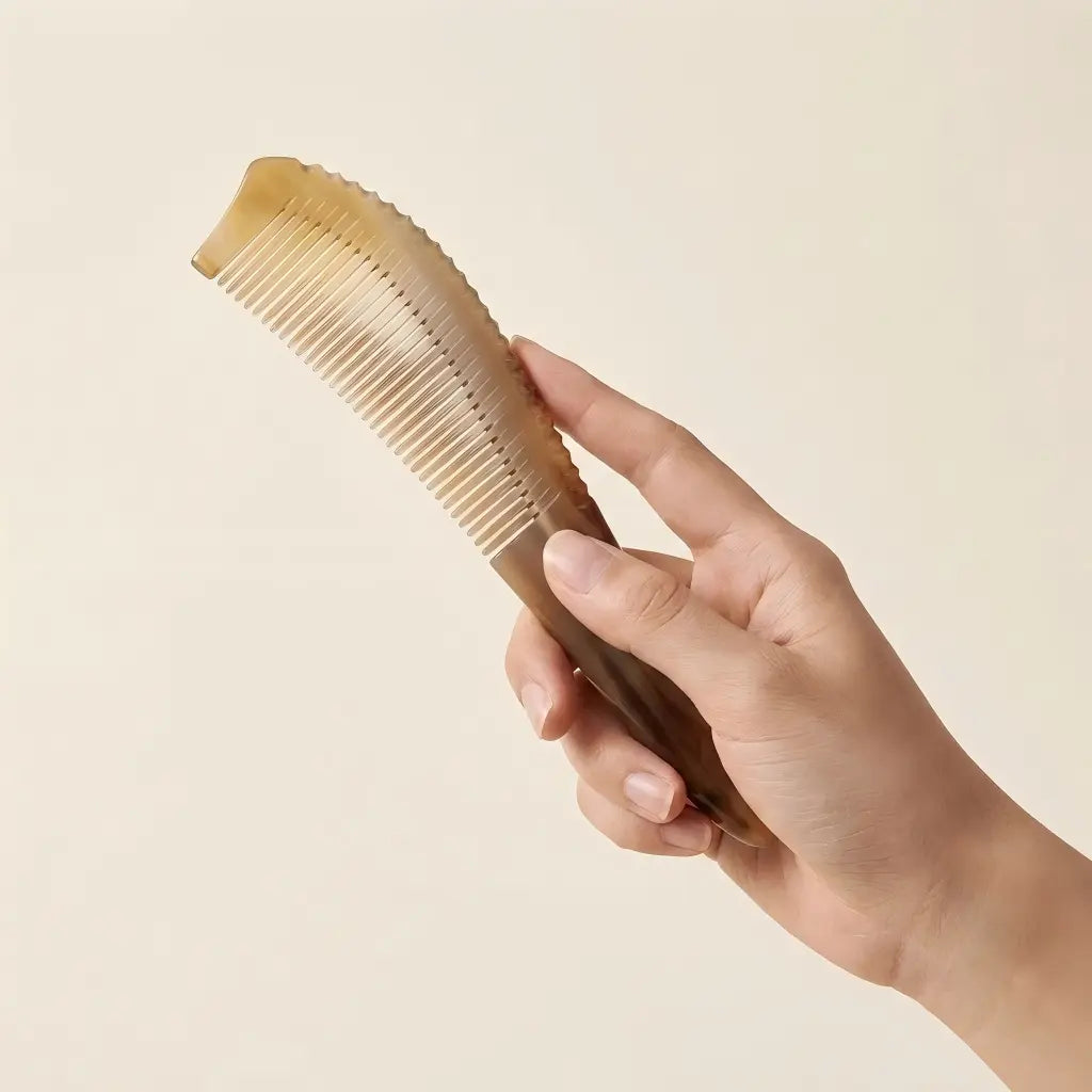 Hand holding COZUY amber ox horn pointed-tail comb to show compact pointed handle and true hand scale. detail image 3