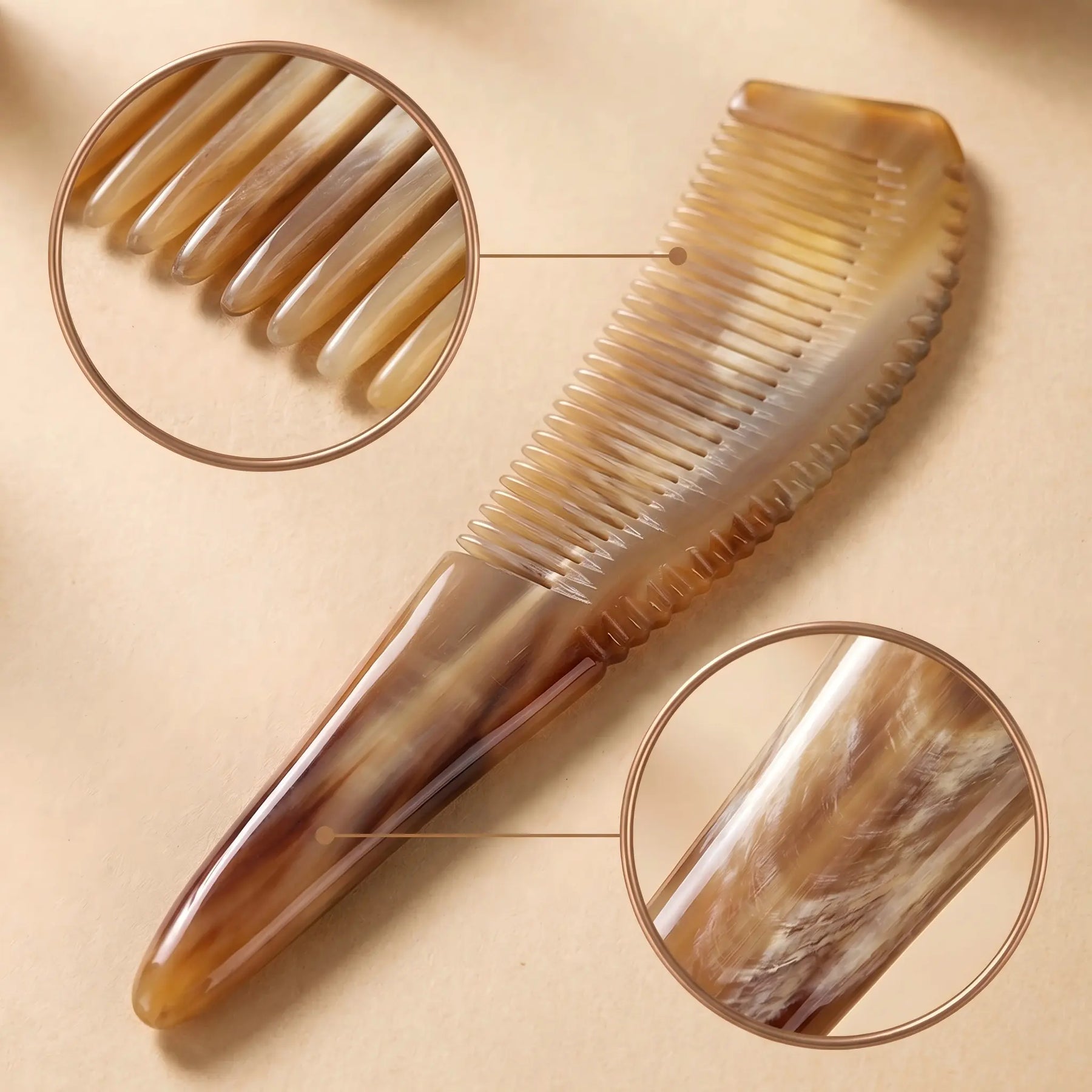 COZUY amber ox horn pointed-tail comb close-up showing warm amber grain and polished fine teeth. detail image 2