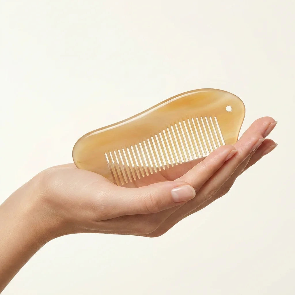 Close-up of a Cozuy anti frizz comb highlighting gentle rounded teeth that massage the scalp.