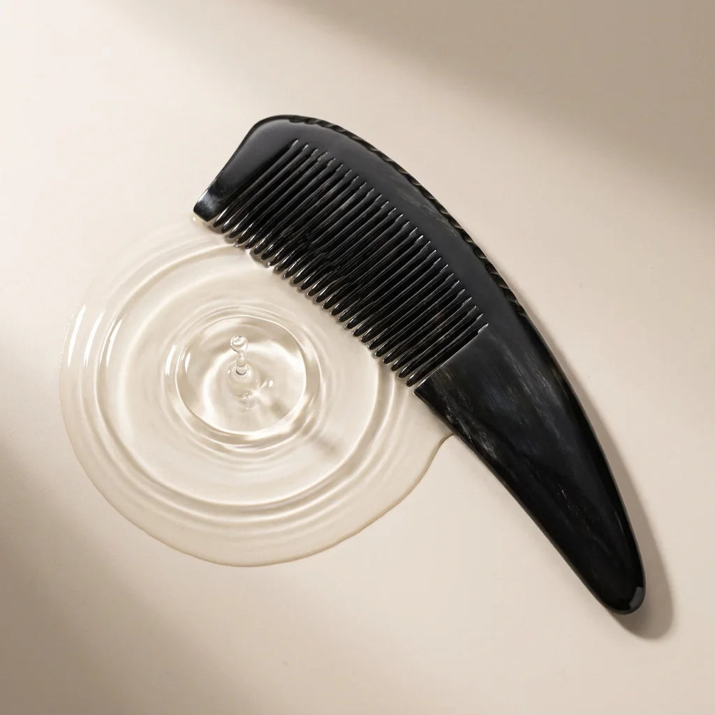 Cozuy anti static comb resting by clear water ripples, offering a mindful scalp ritual to help reduce frizz.