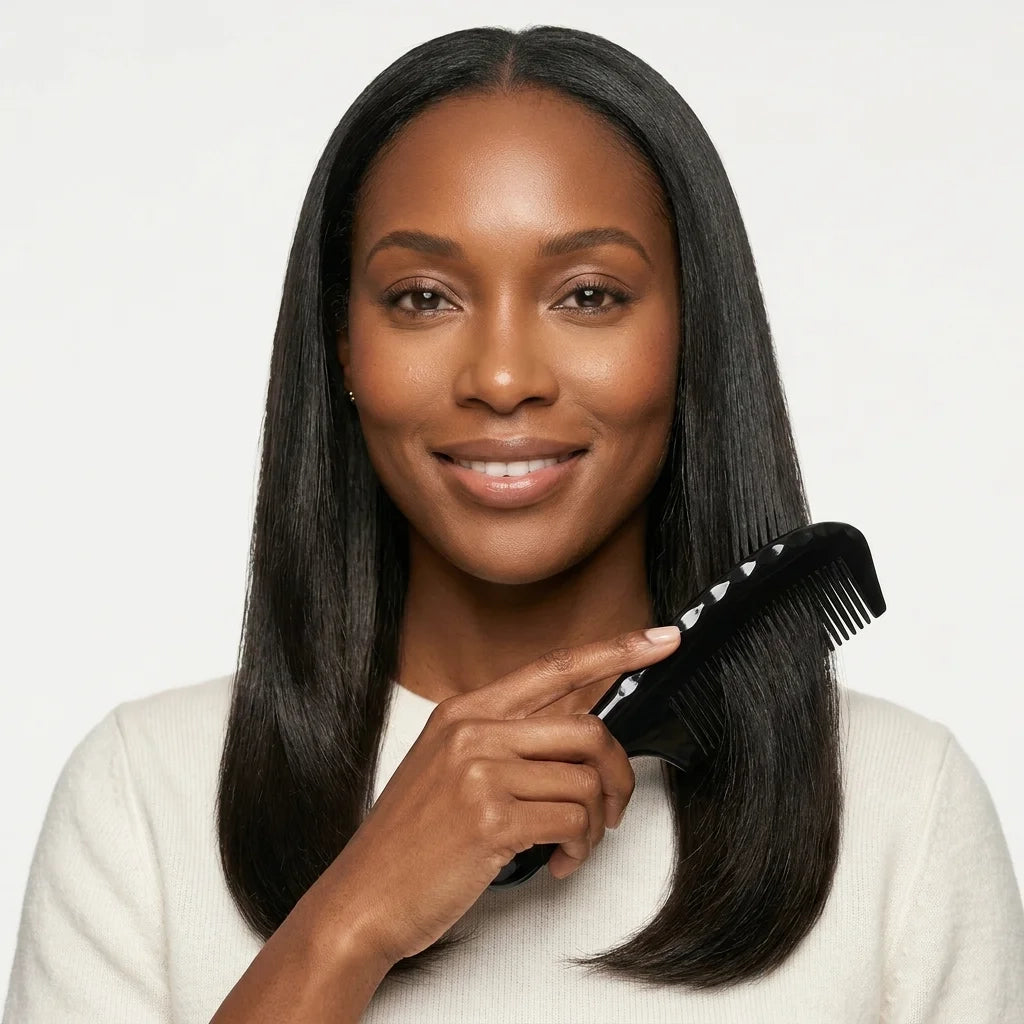 Smiling woman holding a sculpted black horn comb next to her sleek straight hair, premium anti-static hair care.
