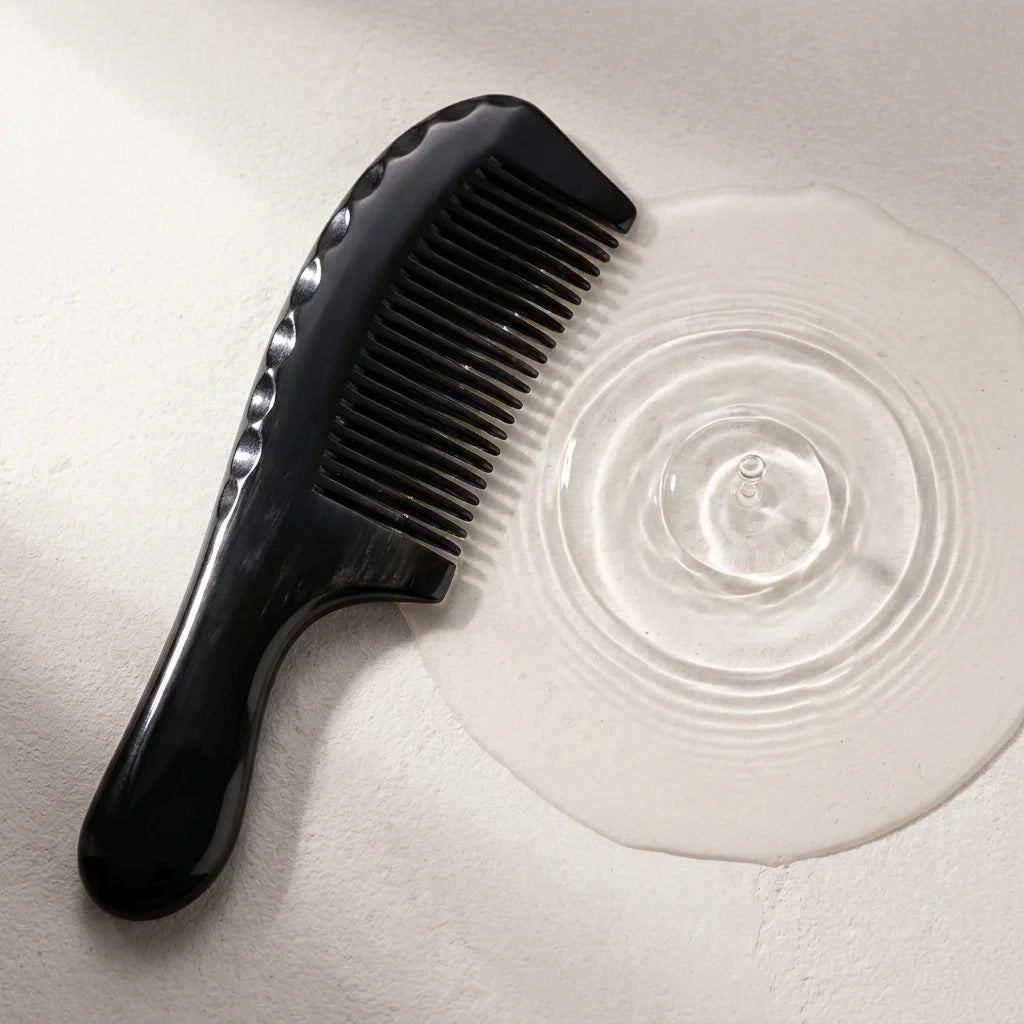 Black buffalo handled horn comb resting beside subtle water ripples on stone, suggesting a calm scalp ritual.