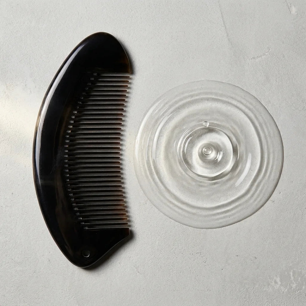 Black buffalo horn comb beside subtle water ripples on a stone surface, suggesting a calm scalp ritual.