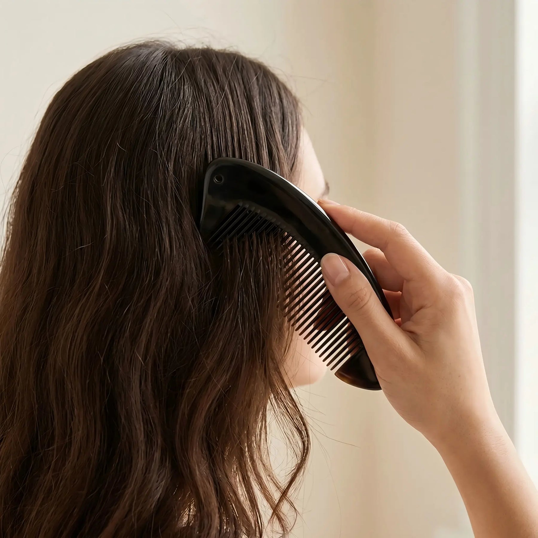 COZUY black ox horn crescent pocket comb gently combing dark hair in a daily hair-care routine. detail image 5