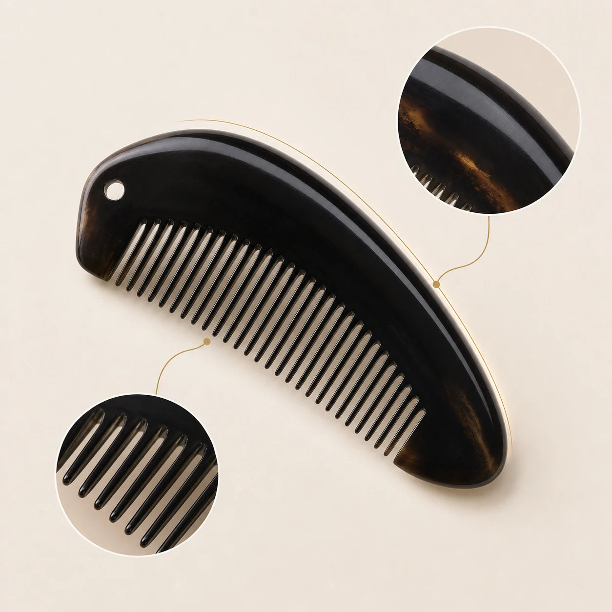 COZUY black ox horn crescent pocket comb with fine teeth, hanging hole and a polished gua sha back detail image 1