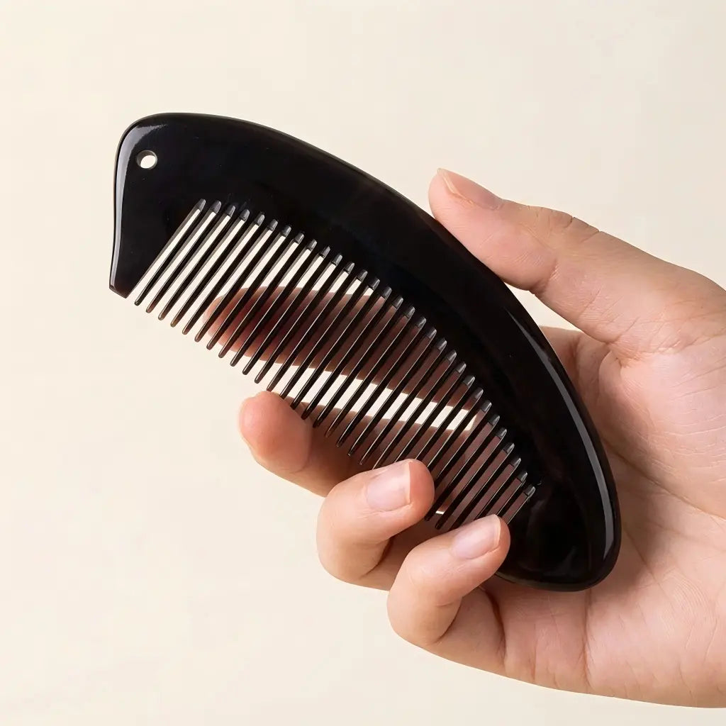 Hand holding COZUY black ox horn crescent pocket comb to show compact crescent grip and hanging hole. detail image 3