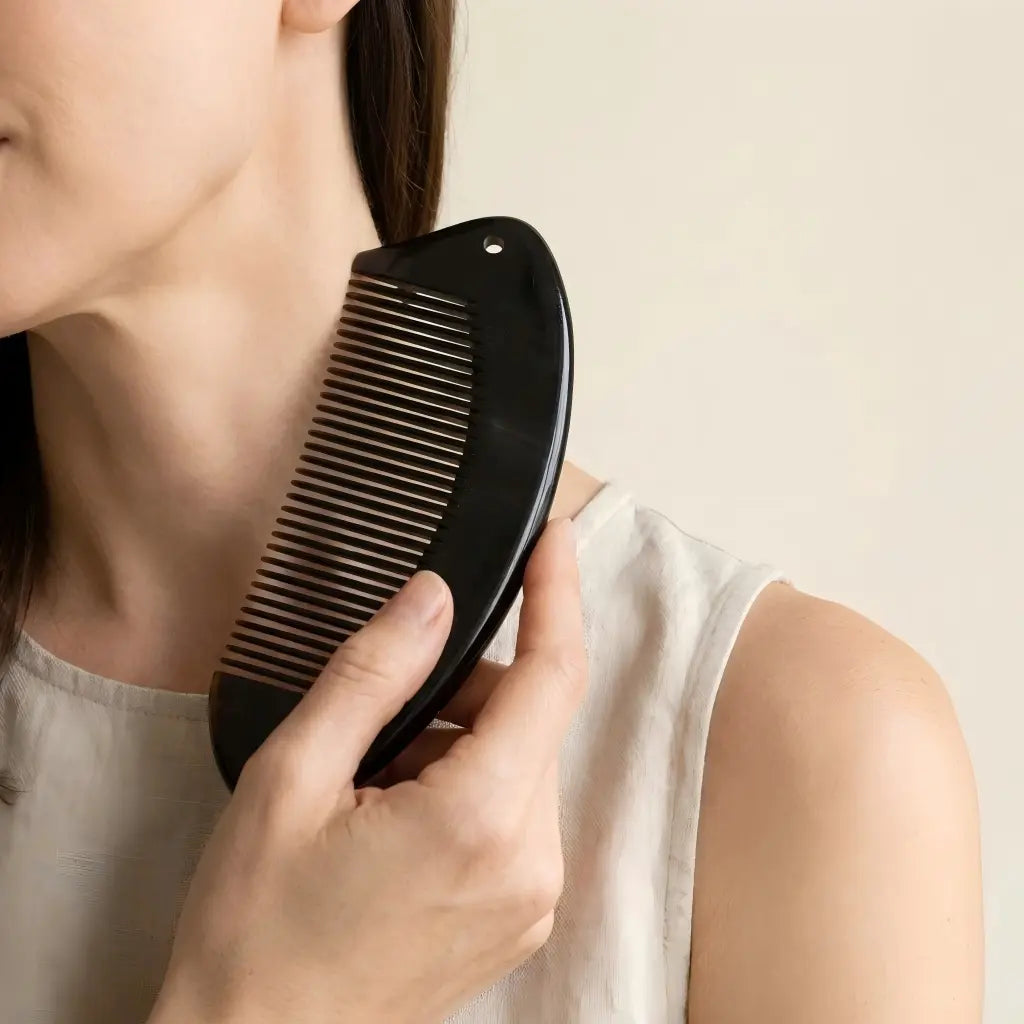 COZUY black ox horn crescent pocket comb, smooth tooth-free edge at the shoulder for a gua sha ritual. detail image 4