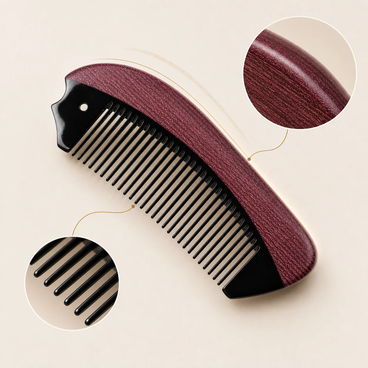 COZUY black ox horn pocket comb with purpleheart wood, showing fine teeth and a smooth curved gua sha edge detail image 1