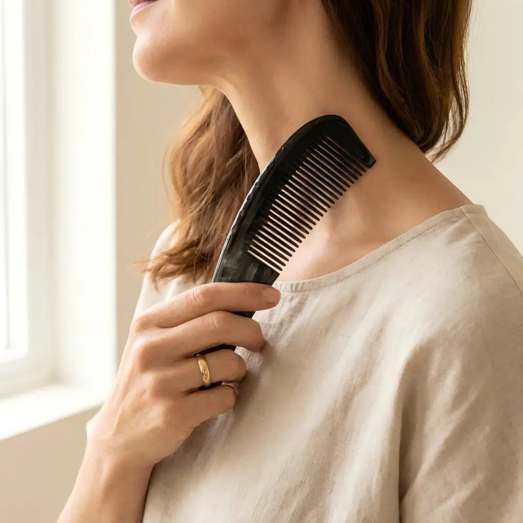 COZUY black ox horn pointed-tail comb, smooth tooth-free edge at the shoulder for a gua sha ritual. detail image 4