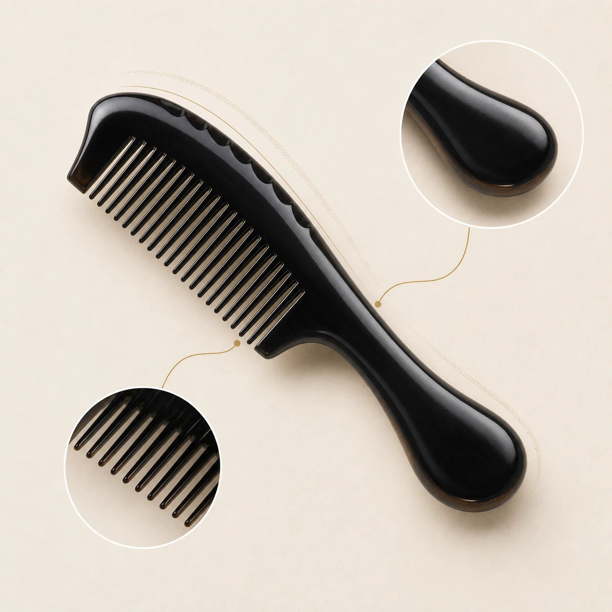 COZUY polished black ox horn fine-tooth comb with a rounded handle and smooth end for gentle gua sha detail image 1