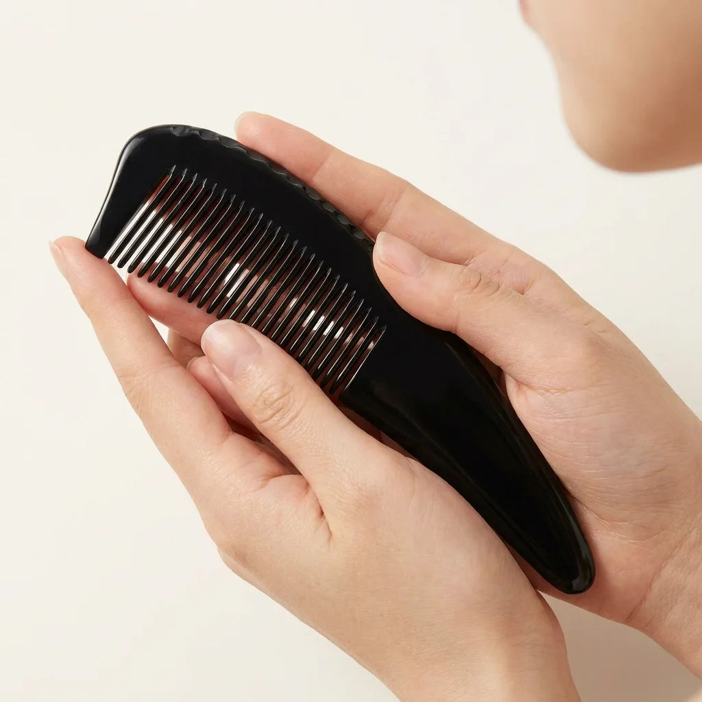 Close-up of a Cozuy buffalo horn comb featuring gentle rounded teeth to massage the scalp during grooming.