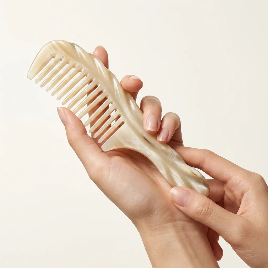 Hands holding a beautifully carved white yak horn comb, an ergonomic tool for daily tension and stress relief.