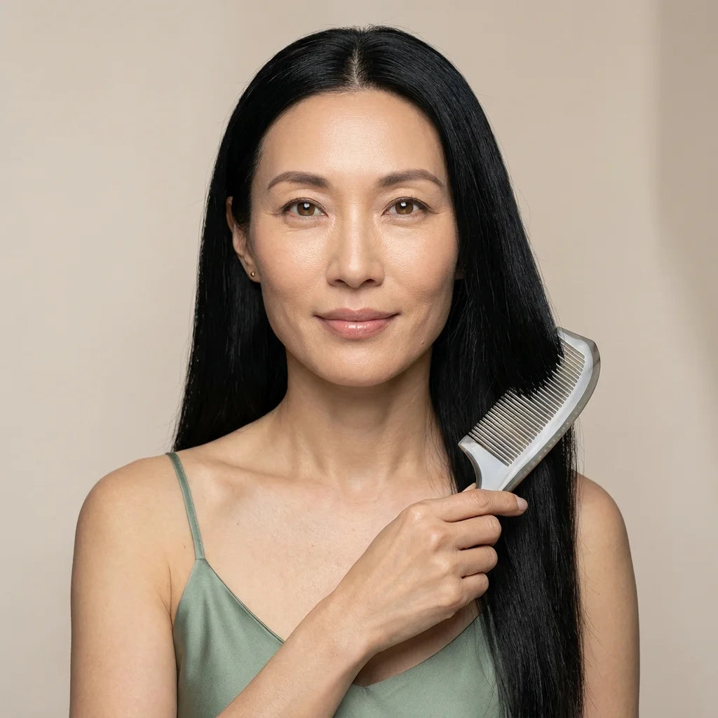 An elegant woman using a Cozuy comb for frizzy hair during her daily routine to help smooth flyaways and reduce static.