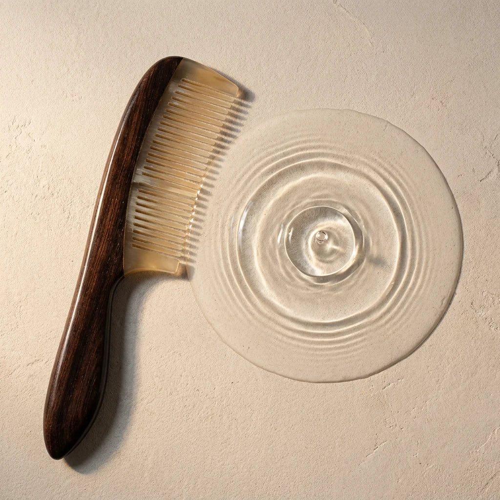 Ebony and translucent sheep horn comb beside water ripples on stone, an elegant tool for a calm scalp ritual.