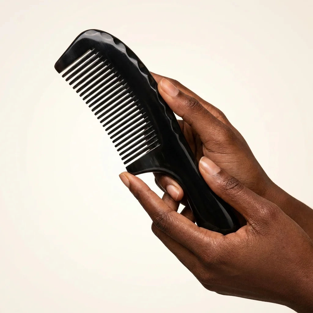 Hands holding an ergonomic black buffalo horn comb with a textured spine, designed for daily tension relief.
