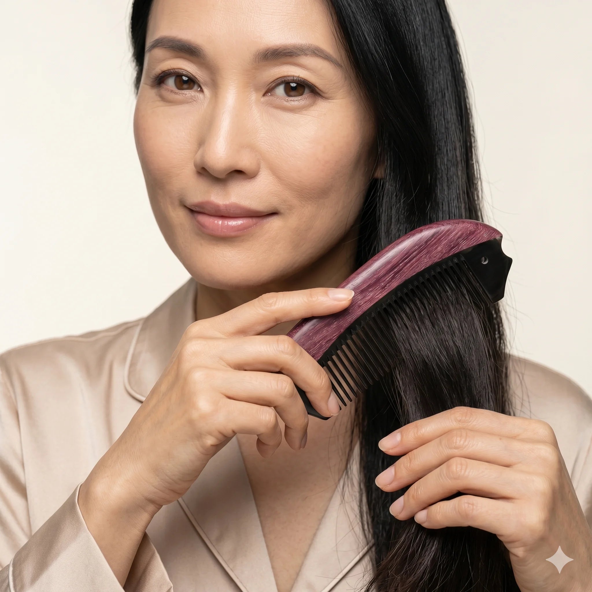 Serene woman combing long black hair featuring a natural horn comb, premium anti-static hair care.
