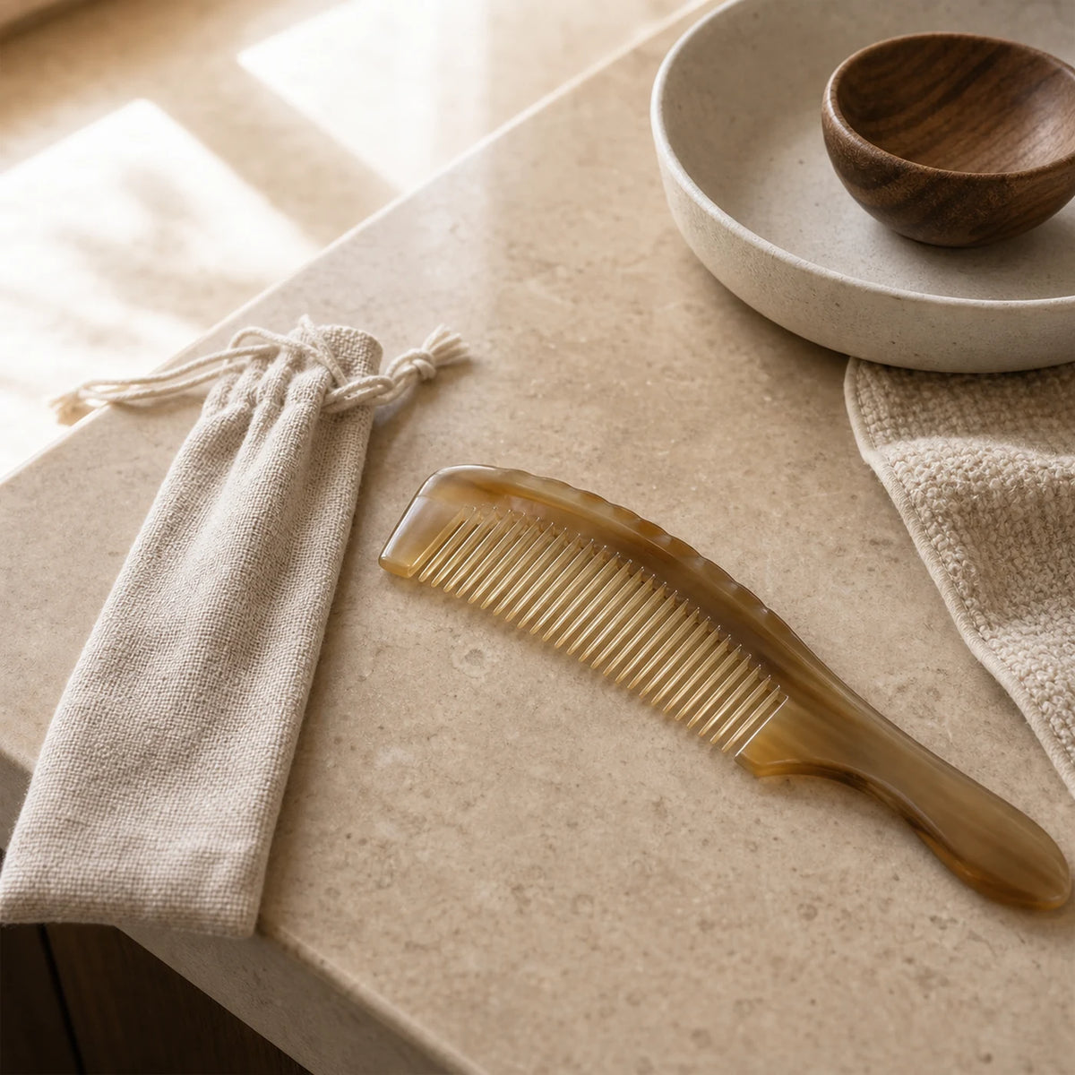 Gift-ready natural horn comb with linen pouch