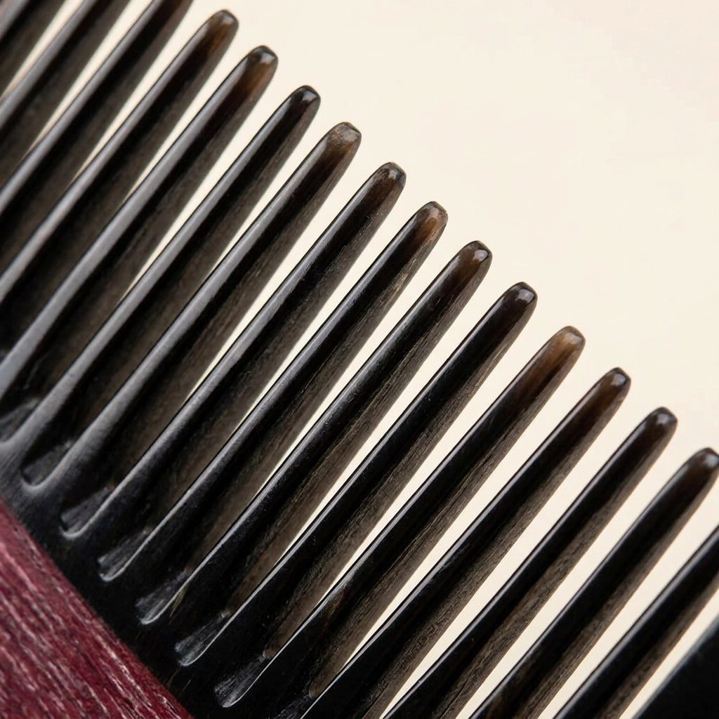Extreme close-up of rounded horn comb teeth, precision crafted for gentle scalp massage therapy.