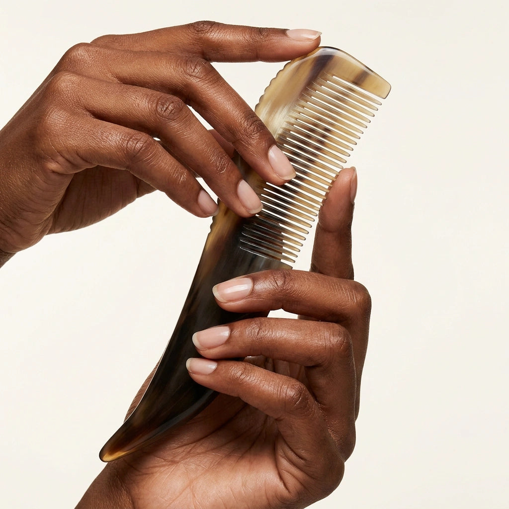 Hands holding a smooth, curved natural horn comb, designed for scalp massage and daily tension relief.