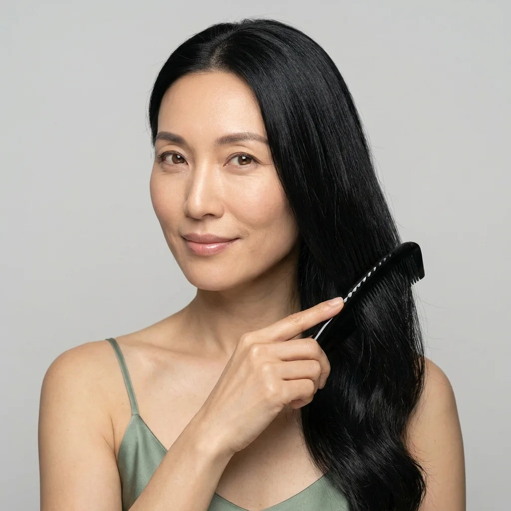 An elegant woman using a Cozuy natural anti frizz comb during her daily hair care routine to help smooth flyaways.