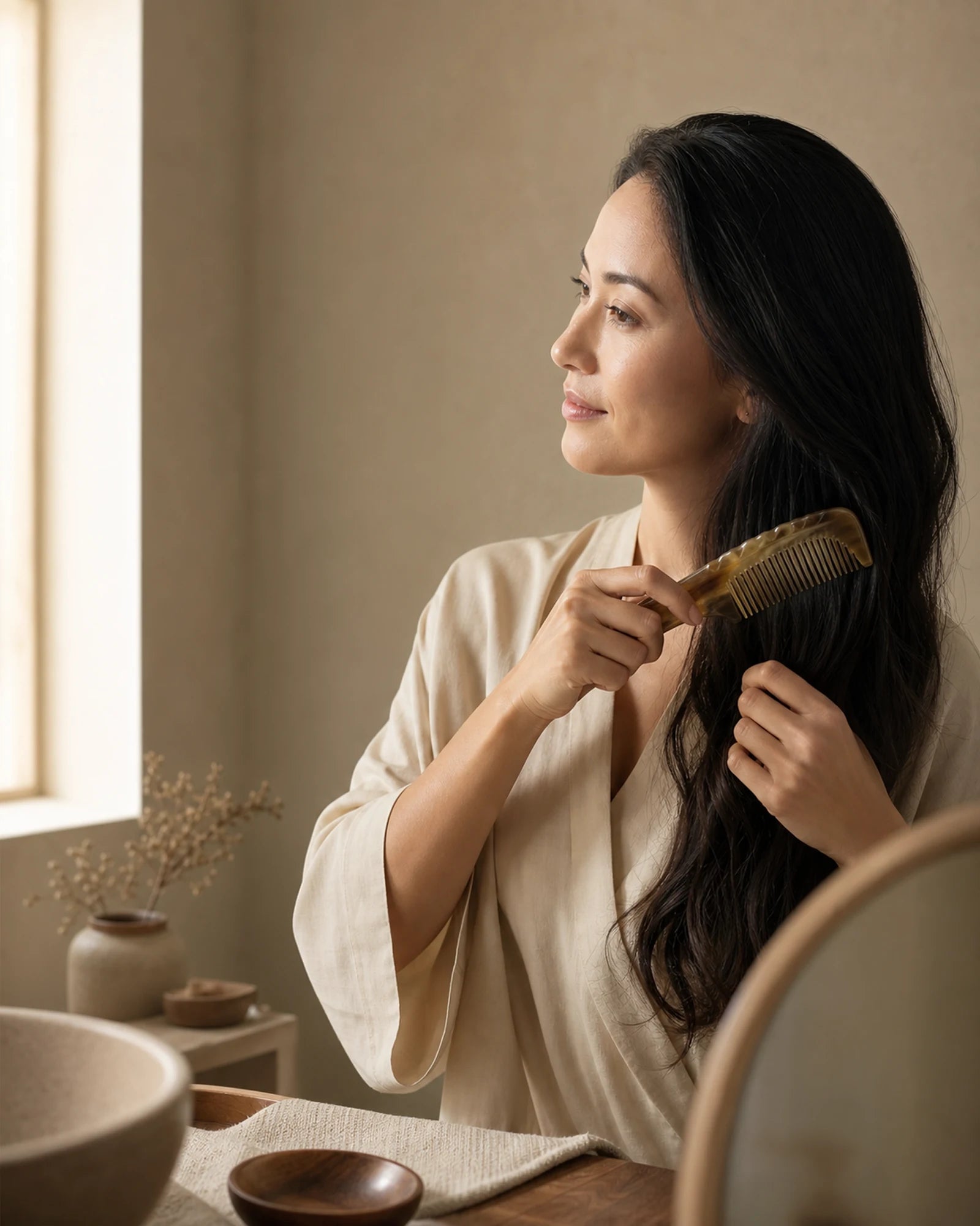 Natural horn comb in a calm daily hair care ritual