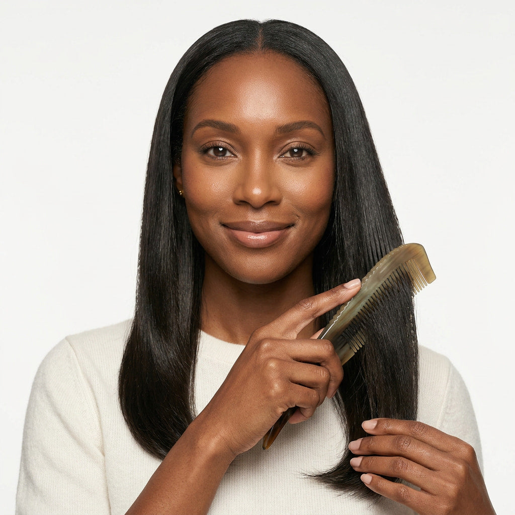 Smiling woman gliding a natural horn comb through her long straight hair, premium anti-static hair care