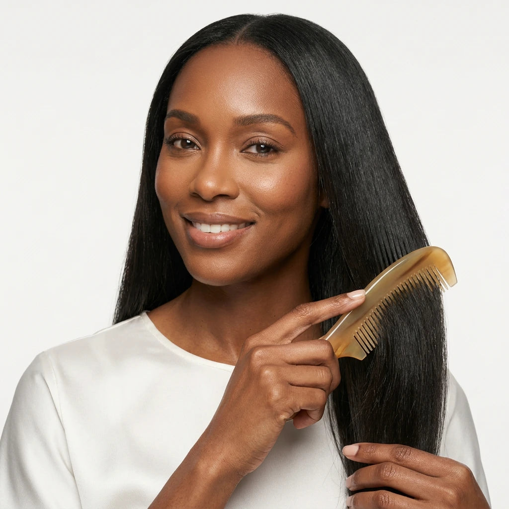 Smiling woman brushing long dark hair with a yellow natural horn comb, highlighting anti-static hair care.