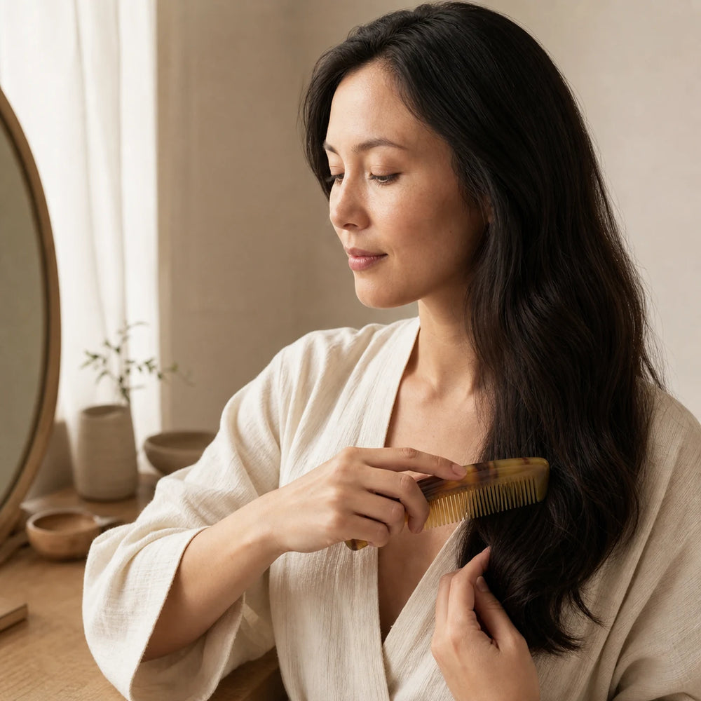 Hand holding a natural horn comb during a calm hair care ritual