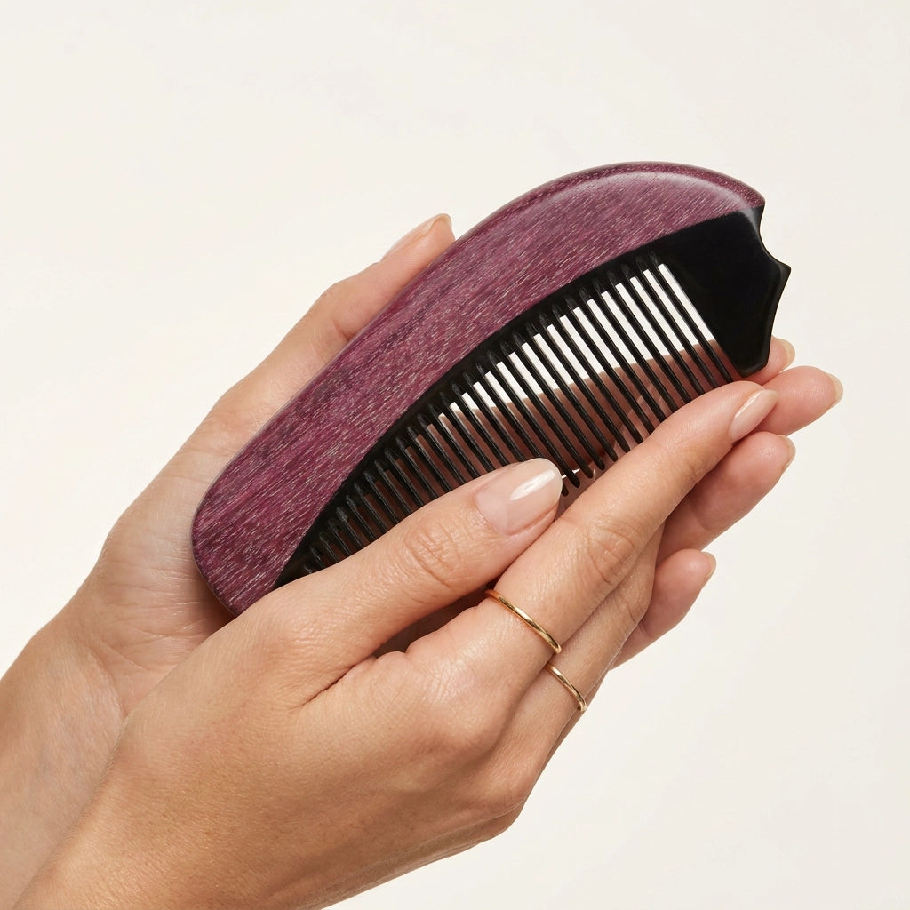 Hands softly holding a smooth natural horn comb, ergonomic design for daily tension and stress relief.