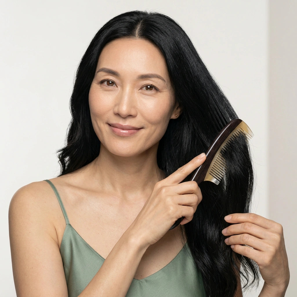 Smiling woman gliding an ebony and sheep horn comb through long dark hair, natural anti-static hair care.