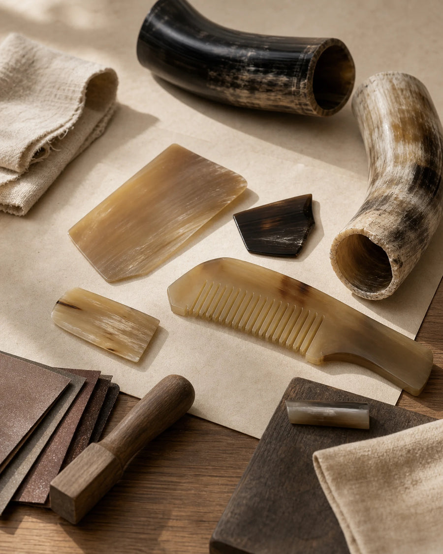 Hands finishing the edge of a natural horn comb