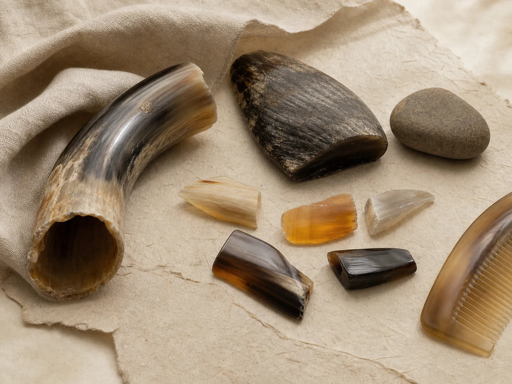 Natural material swatches with horn, linen, and warm paper