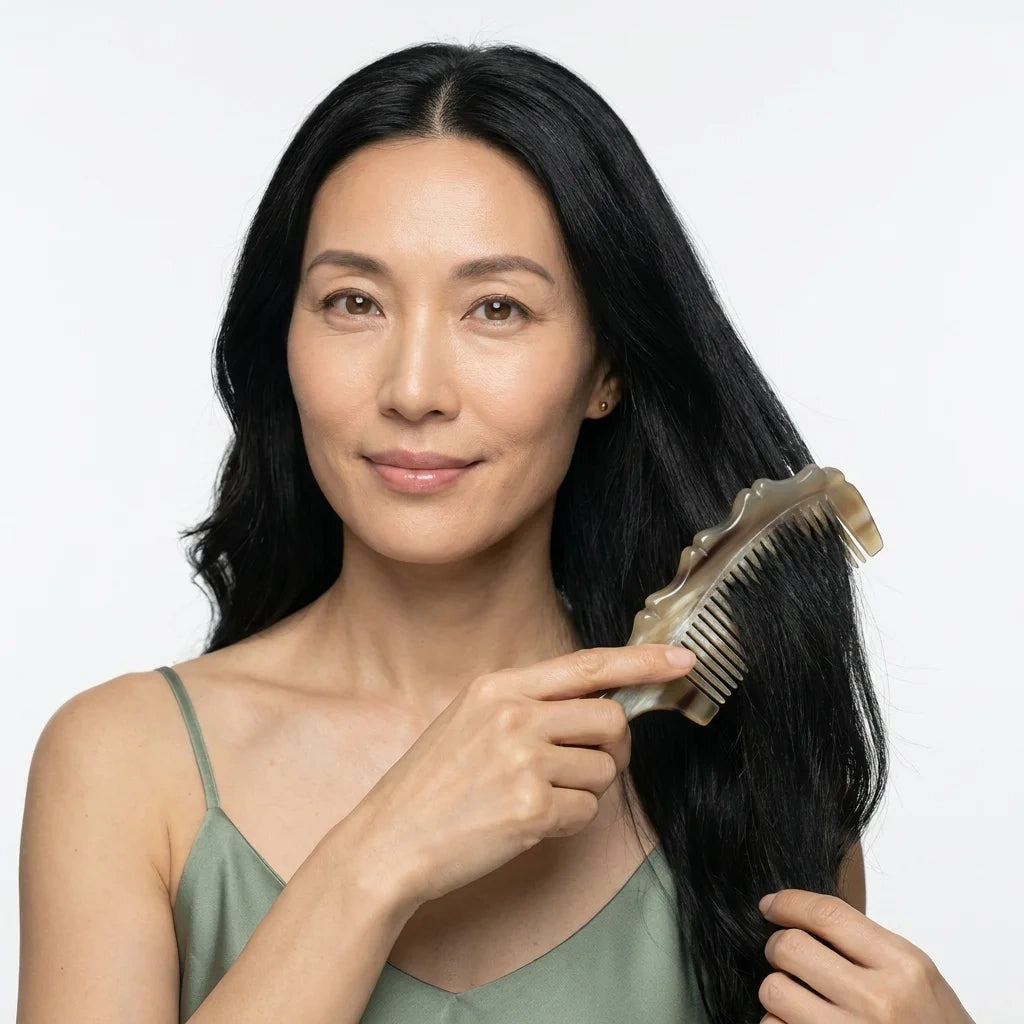 Serene woman brushing her long black hair with a sculpted yak horn comb, premium anti-static hair care.