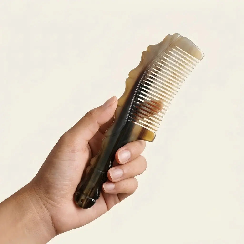 Hand holding COZUY natural yak horn wave-spine comb to show sculpted wave spine and hanging ring. detail image 3