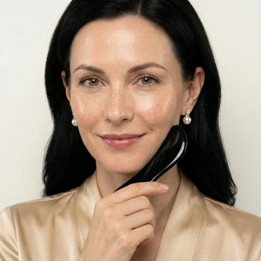 An elegant woman using a Cozuy plastic free beauty tool during her daily ritual for a gentle massage.