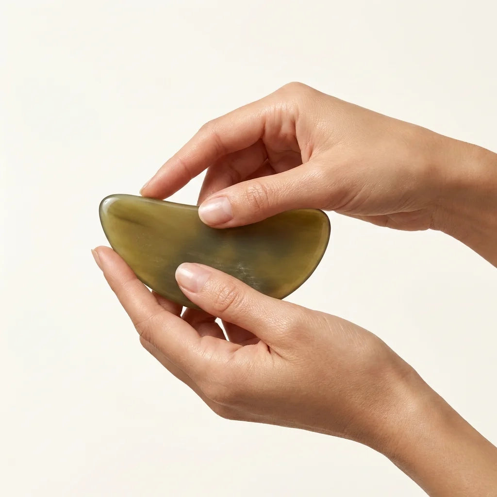"Close-up of a hand-polished Cozuy plastic free beauty tool showing its smooth amber edge for a gentle massage.