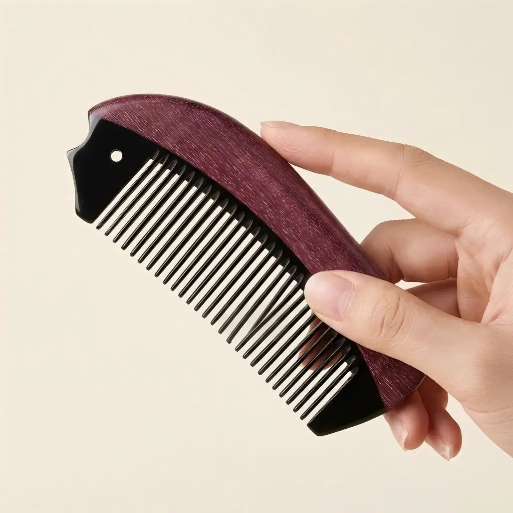 Hand holding COZUY purpleheart and black ox horn pocket comb to show compact curved grip and true hand scale. detail image 3