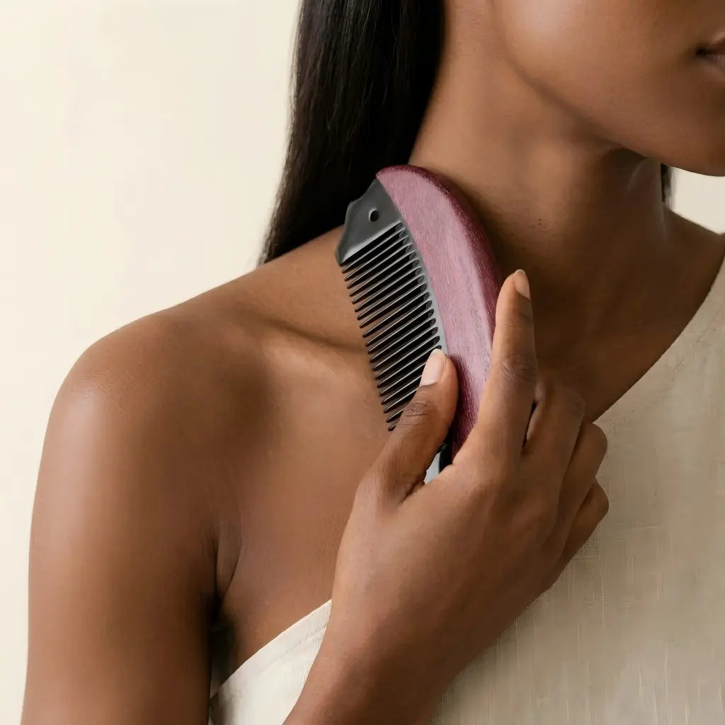 COZUY purpleheart and black ox horn pocket comb, smooth tooth-free edge at the shoulder for a gua sha ritual. detail image 4