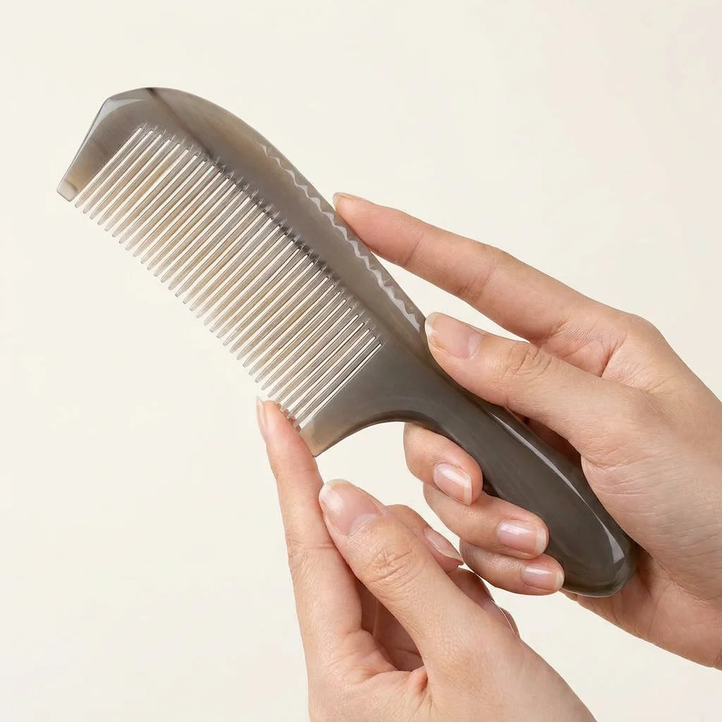 Close-up of a Cozuy scalp massage comb highlighting its natural texture and gentle rounded teeth that massage the scalp.