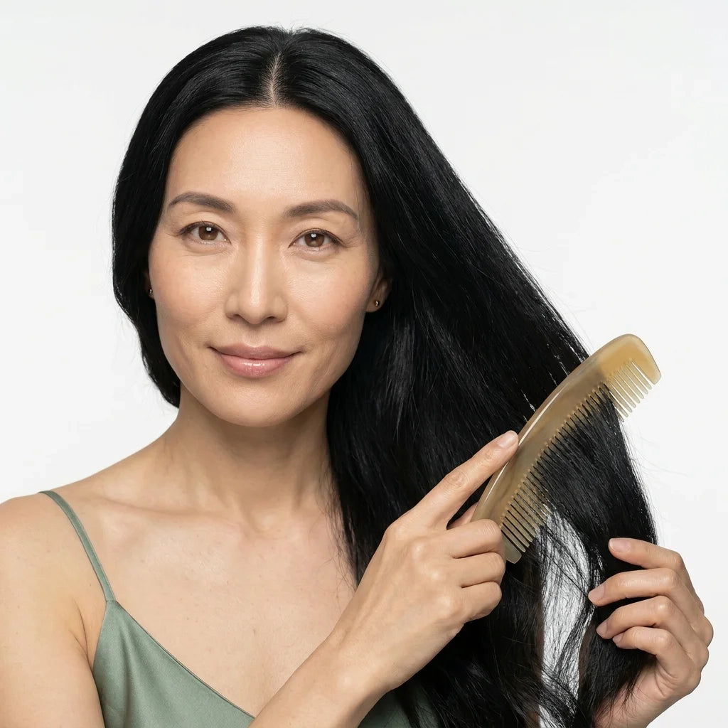 Smiling woman softly brushing her long black hair with a translucent sheep horn comb, premium anti-static hair care.