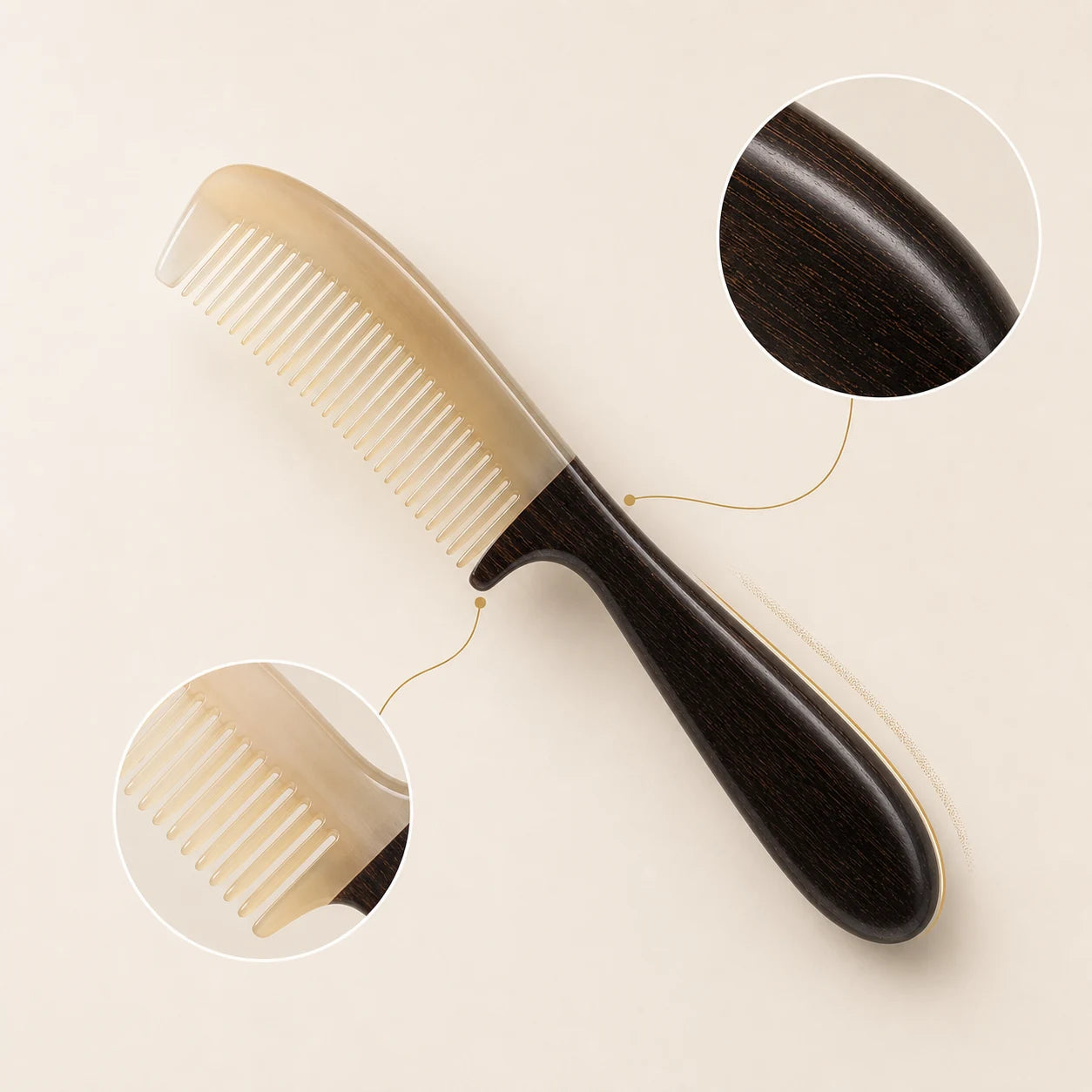 COZUY sheep horn fine-tooth comb with a dark ebony handle and a smooth rounded gua sha edge detail image 1