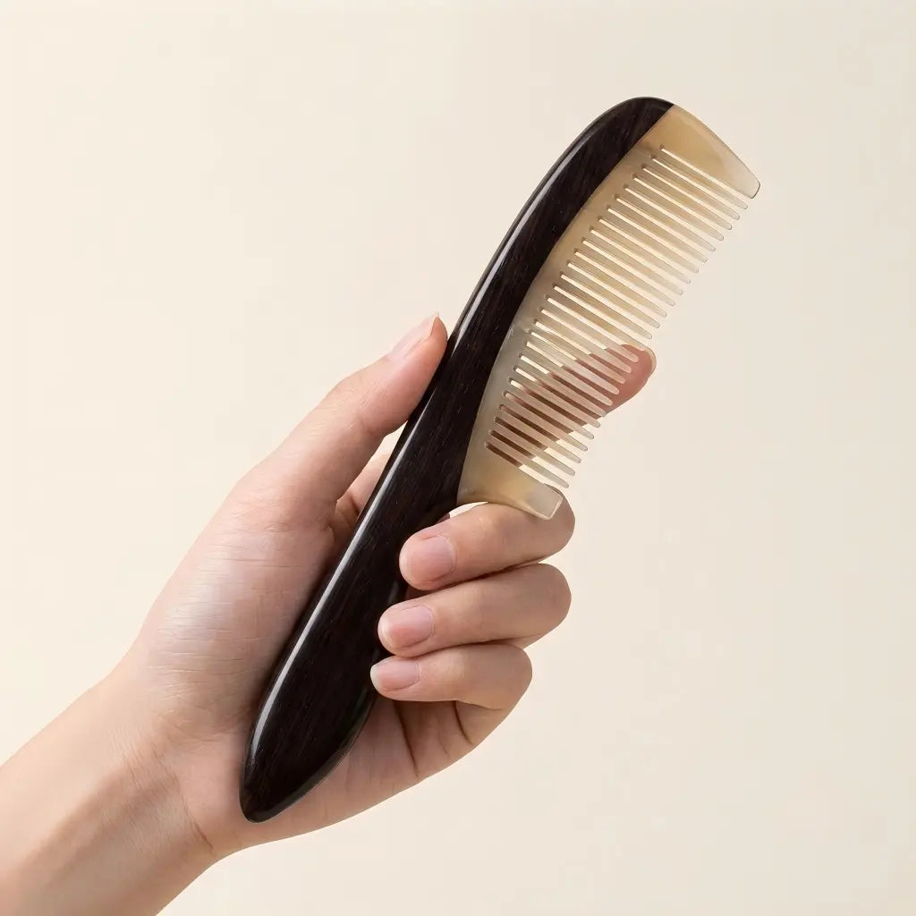 Hand holding COZUY sheep horn and ebony handle comb to show balanced handle and full hand scale. detail image 3