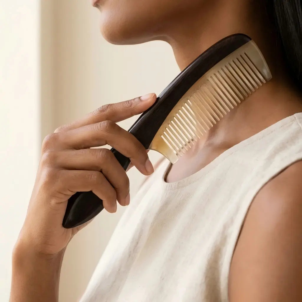 COZUY sheep horn and ebony handle comb, smooth tooth-free edge at the shoulder for a gua sha ritual. detail image 4